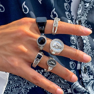 Riolio 6Pcs/Set Goth Vintage Skeleton Skull Antique Silver Color Rings Set Unisex Punk Carved Knuckle Jewelry Accessories Steampunk Men